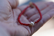 Load image into Gallery viewer, Summer Tides - Red Antique White Hearts & freshwater pearl bracelet with 14k Gold Fill