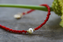 Load image into Gallery viewer, Summer Tides - Red Antique White Hearts & freshwater pearl bracelet with 14k Gold Fill