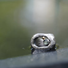 Load image into Gallery viewer, In Deep - Cavern ring size 7 - Lost Wax Carved with Gray Green rosecut Montana Sapphire & 14k pebble