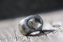Load image into Gallery viewer, In Deep - Cavern ring size 7 - Lost Wax Carved with Gray Green rosecut Montana Sapphire & 14k pebble