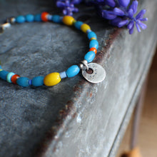 Load image into Gallery viewer, Bohemian Beaded SINGLE: 7.25" Tiny Coin Charm with Yellow & Blue African Beads!