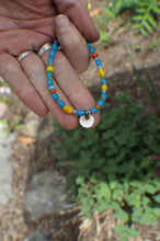 Load image into Gallery viewer, Bohemian Beaded SINGLE: 7.25" Tiny Coin Charm with Yellow & Blue African Beads!