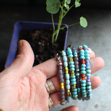 Load image into Gallery viewer, Bohemian Beaded 3-Coin Bracelet - 7.5" Turquoise Rondelle and blue stripes, OOAK!