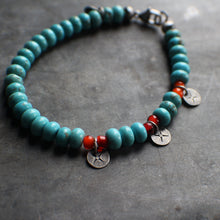 Load image into Gallery viewer, Bohemian Beaded 3-Coin Bracelet - 7.25" Turquoise Rondelle and Orange, OOAK!