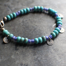 Load image into Gallery viewer, Bohemian Beaded 3-Coin Bracelet - 7.5" Turquoise Rondelle and blue stripes, OOAK!