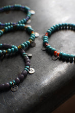 Load image into Gallery viewer, Bohemian Beaded 3-Coin Bracelet - 7.5" Turquoise Rondelle and blue stripes, OOAK!