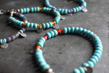 Load image into Gallery viewer, Bohemian Beaded 3-Coin Bracelet - 6.75" Turquoise Rondelle and Yellow stripe African Trade Beads, OOAK!