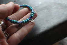 Load image into Gallery viewer, Bohemian Beaded 3-Coin Bracelet - 7.5" Turquoise Rondelle and blue stripes, OOAK!