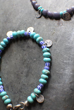 Load image into Gallery viewer, Bohemian Beaded 3-Coin Bracelet - 7.5" Turquoise Rondelle and blue stripes, OOAK!
