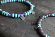 Load image into Gallery viewer, Bohemian Beaded 3-Coin Bracelet - 7.5" Turquoise Rondelle and blue stripes, OOAK!
