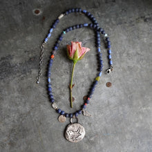 Load image into Gallery viewer, Birdsong Beaded Necklace with Lapis, Coral, and Antique African Trade Beads.