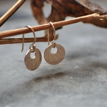 Load image into Gallery viewer, Tiny Gold Coin Earrings, 14k Gold Fill Harbinger of Joy Charms