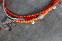 Load image into Gallery viewer, Wildflower Woman Necklace: African Trade Beaded Multi Strand in Oranges!
