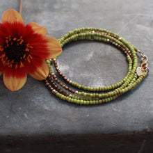 Load image into Gallery viewer, Summer&#39;s Gold Wrap Bracelet in Lime &amp; Bronze seed beads
