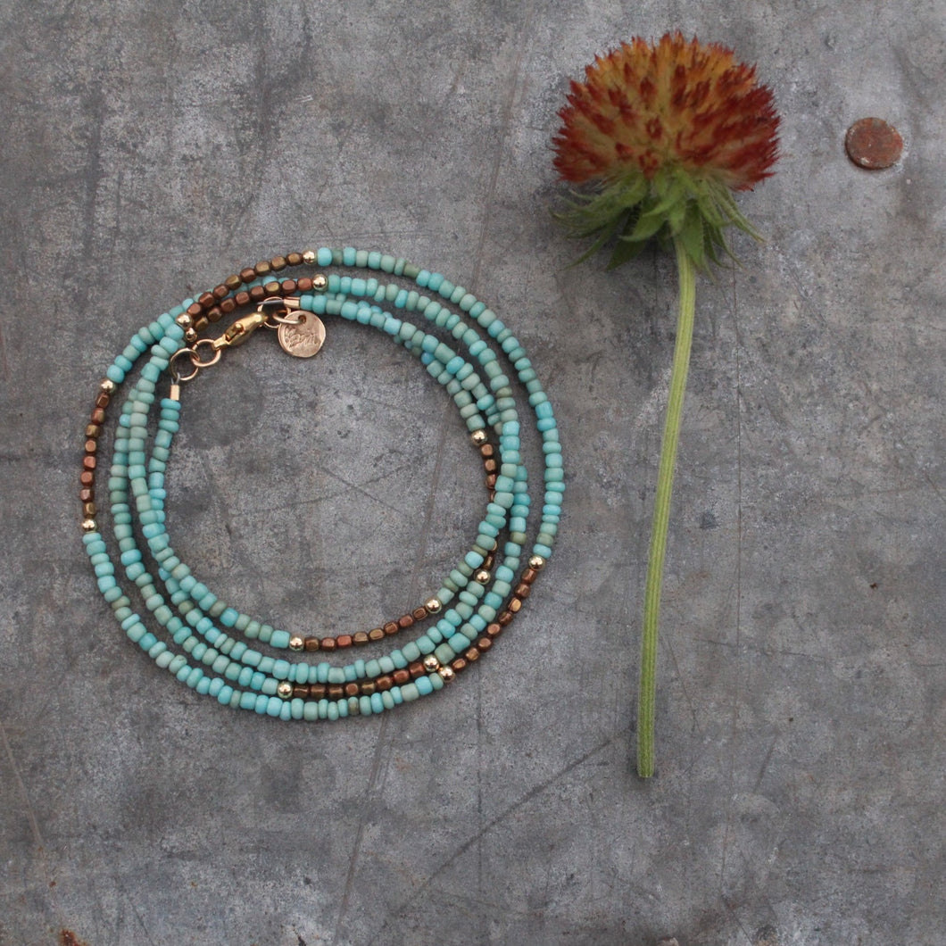 Summer's Gold Wrap Bracelet - in Lightest Blue with Bronze Seed Beads