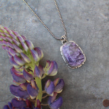 Load image into Gallery viewer, Lupine Pendant #2 in Charioite with 18&quot; rope chain
