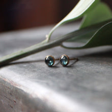 Load image into Gallery viewer, PREORDER - Montana Sapphire Teenies, round stone 4mm stud earrings set in 14k Gold Fill
