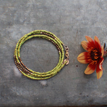 Load image into Gallery viewer, Summer&#39;s Gold Wrap Bracelet in Lime &amp; Bronze seed beads
