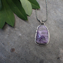 Load image into Gallery viewer, Lupine Pendant #3 in Charioite with 18&quot; rope chain
