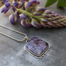 Load image into Gallery viewer, Lupine Pendant #1 in Charioite with 18&quot; rope chain
