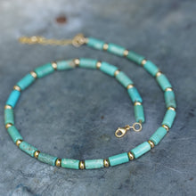 Load image into Gallery viewer, Gold &amp; Turquoise Barrel Bead Choker Necklace- 14k Gold Fill - 14-16"
