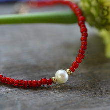 Load image into Gallery viewer, Summer Tides - Red Antique White Hearts &amp; freshwater pearl bracelet with 14k Gold Fill
