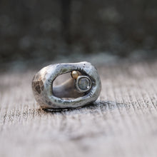 Load image into Gallery viewer, In Deep - Cavern ring size 7 - Lost Wax Carved with Gray Green rosecut Montana Sapphire &amp; 14k pebble
