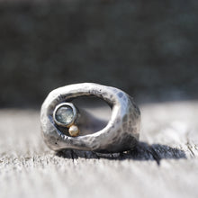 Load image into Gallery viewer, In Deep - Cavern ring size 7 - Lost Wax Carved with Gray Green rosecut Montana Sapphire &amp; 14k pebble
