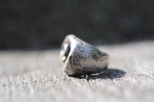 Load image into Gallery viewer, In Deep - Cavern ring size 7 - Lost Wax Carved with Gray Green rosecut Montana Sapphire &amp; 14k pebble

