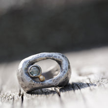 Load image into Gallery viewer, In Deep - Cavern ring size 7 - Lost Wax Carved with Gray Green rosecut Montana Sapphire &amp; 14k pebble
