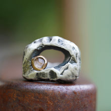 Load image into Gallery viewer, In Deep - Cavern ring size 7.25 - Lost Wax Carved with Pink &amp; Gray rosecut Montana Sapphire in 14k Gold
