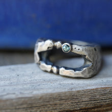 Load image into Gallery viewer, In Deep - Cavern ring size 8 - Lost Wax Carved with 3mm Teal blue Montana Sapphire
