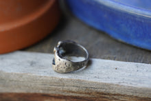 Load image into Gallery viewer, In Deep - Cavern ring size 8 - Lost Wax Carved with 3mm Teal blue Montana Sapphire
