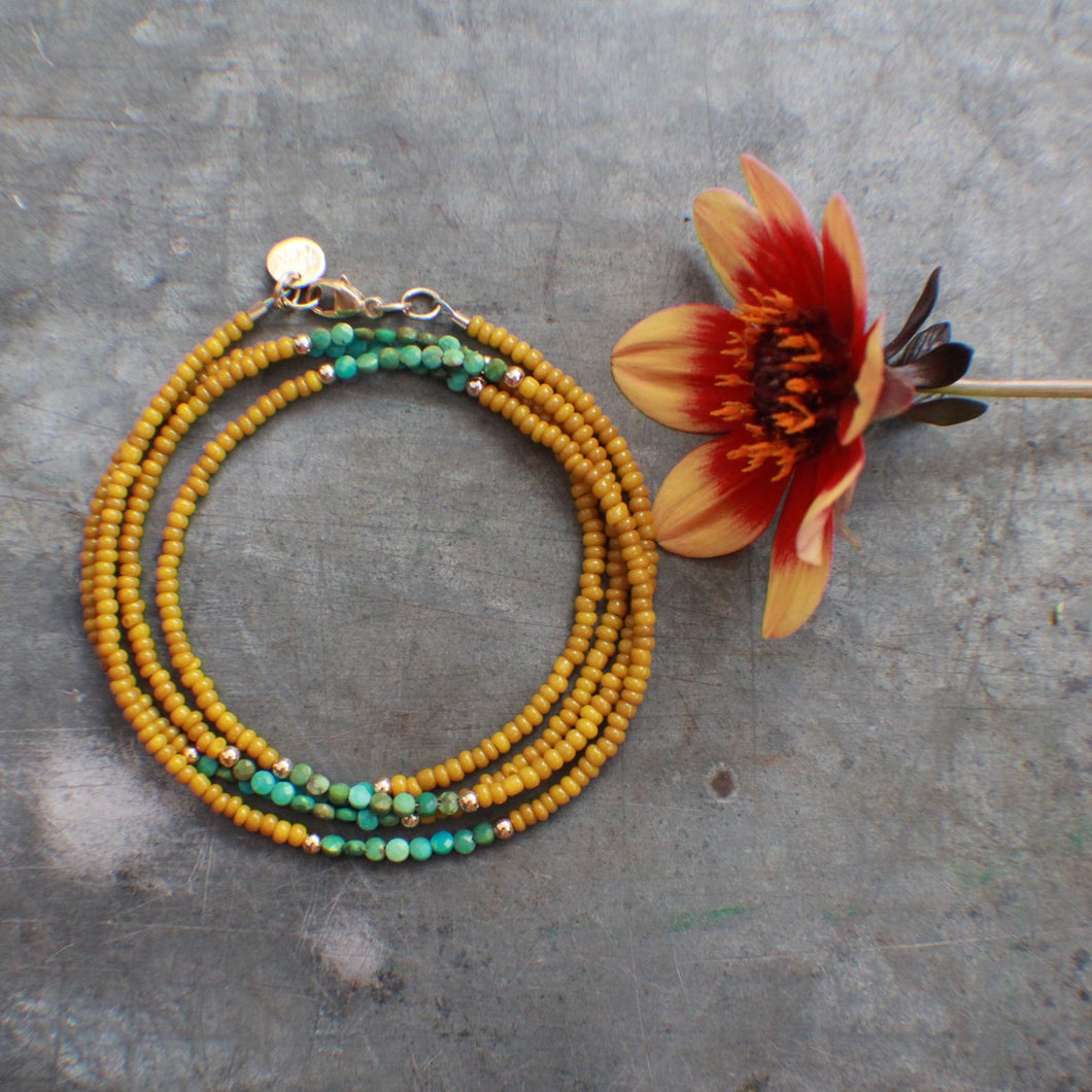 Summer's Gold Wrap Bracelet with tiny Turquoise - in Mustard Yellow