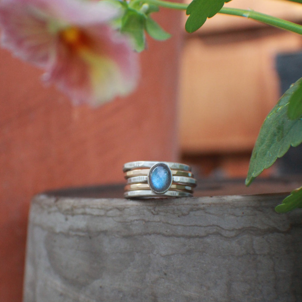 Size 9 Mixed Metal Fatty Stacks with Oval Labradorite - set of 5 - OOAK