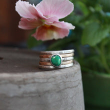 Load image into Gallery viewer, Size 9.5 Mixed Metal Fatty Stacks with Green Emerald Valley Turquoise- set of 5 - OOAK
