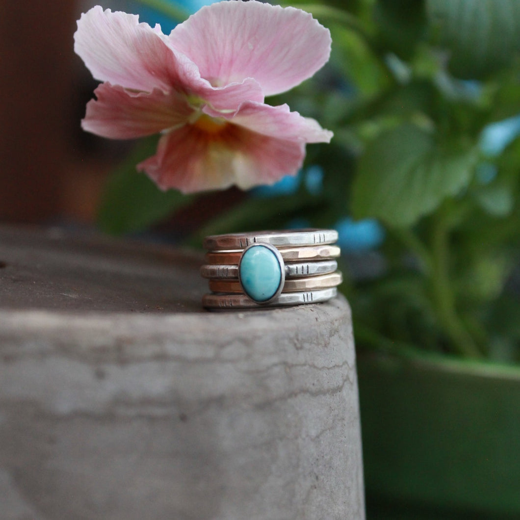 Size 7 Mixed Metal Fatty Stacks with oval Larimar - set of 5 - OOAK