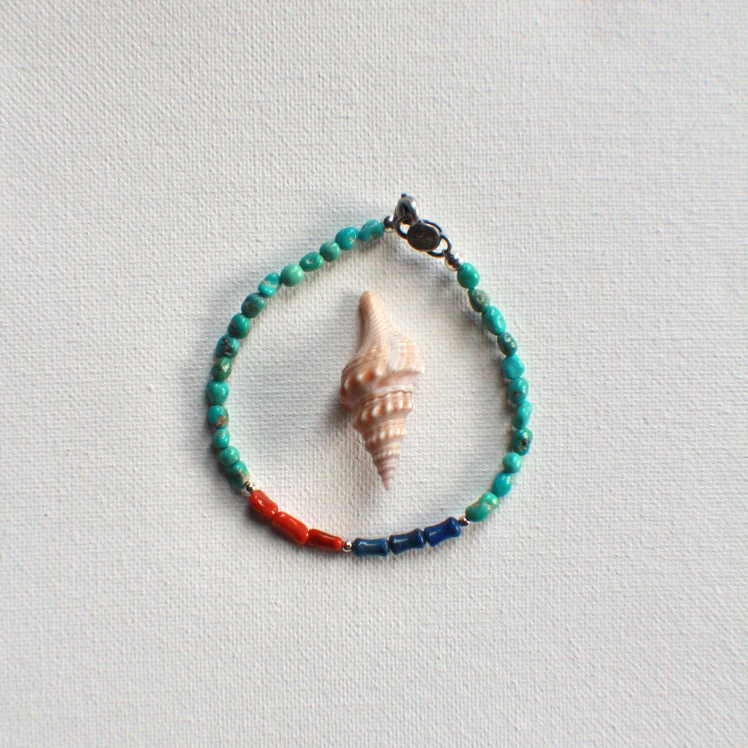 Just Add Sun:  A Coral, Turquoise, and Lapis Lazuli bracelet in Sterling Silver