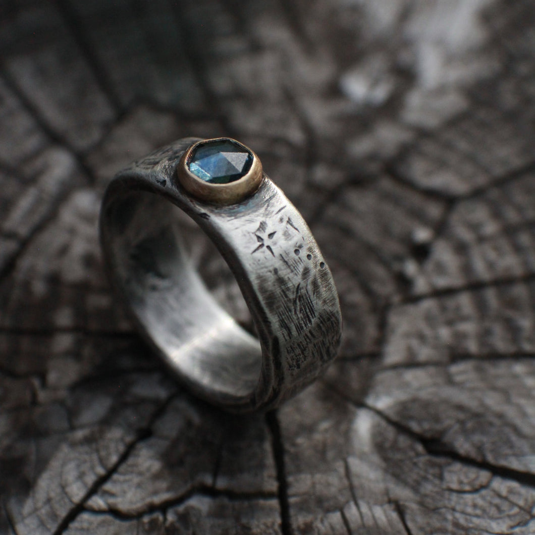The Storm Ring: A Montana Sapphire ring in 14k Gold and Sterling Silver - Size 7.75 - OOAK