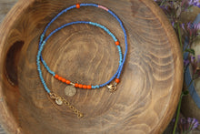 Load image into Gallery viewer, Beach Babe beaded Tiny Spark Necklace in 14k Gold Fill -Sky Blue, Hot Orange, Pink, &amp; Periwinkle!
