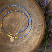 Load image into Gallery viewer, Beach Babe beaded Tiny Spark Necklace in 14k Gold Fill - Hot Citron &amp; Blues!
