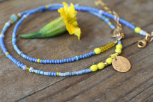 Load image into Gallery viewer, Beach Babe beaded Tiny Spark Necklace in 14k Gold Fill - Hot Citron &amp; Blues!
