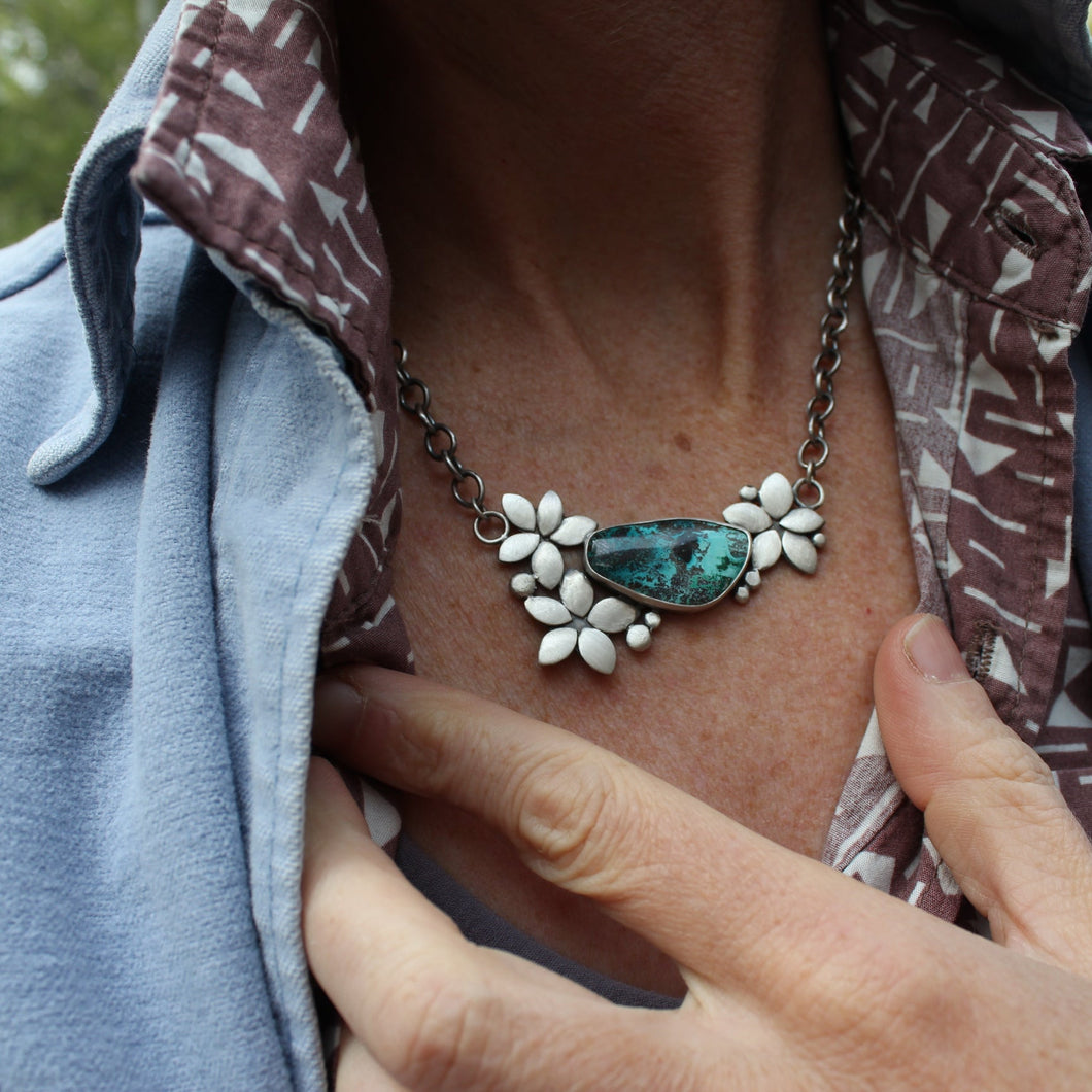 Plumeria Necklace with Shattuckite in Chrysocolla - OOAK