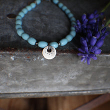 Load image into Gallery viewer, Bohemian Beaded SINGLE: 7.75" Tiny Coin Charm with Light Blue African Beads!
