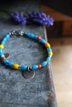 Load image into Gallery viewer, Bohemian Beaded SINGLE: 7.25" Tiny Coin Charm with Yellow &amp; Blue African Beads!
