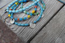 Load image into Gallery viewer, Bohemian Beaded SINGLE: 7.75" Tiny Coin Charm with Light Blue African Beads!
