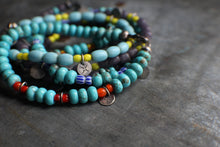 Load image into Gallery viewer, Bohemian Beaded 3-Coin Bracelet - 7.5" Turquoise Rondelle and blue stripes, OOAK!
