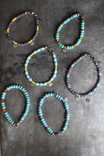 Load image into Gallery viewer, Bohemian Beaded 3-Coin Bracelet - 7.5" Turquoise Rondelle and blue stripes, OOAK!
