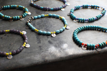 Load image into Gallery viewer, Bohemian Beaded 3-Coin Bracelet - 7.5" Turquoise Rondelle and blue stripes, OOAK!
