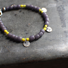 Load image into Gallery viewer, Bohemian Beaded 3-Coin Bracelet - 7" Dusky Purple and HOT yellow African Trade Beads, OOAK!
